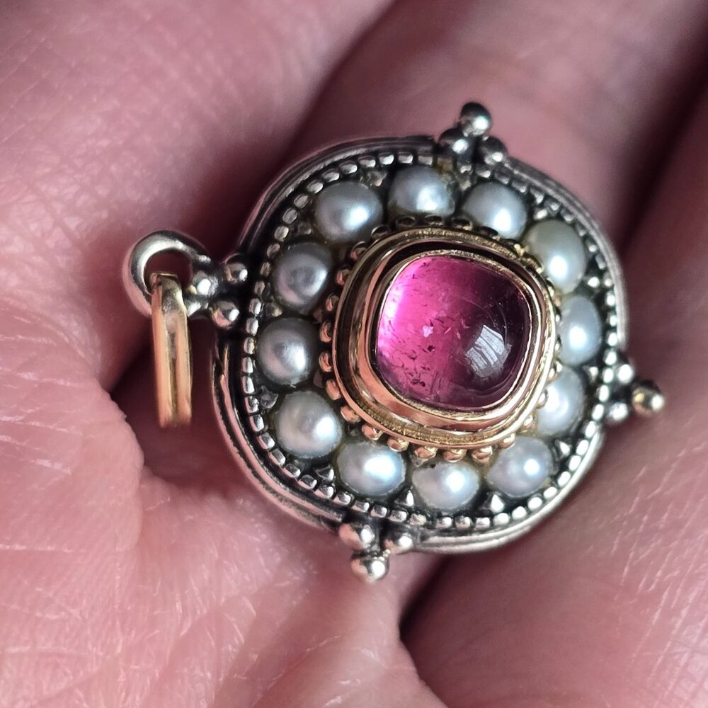 Byzantine style square pendant. Pink tourmaline 18k Gold and 925 Sterling Silver